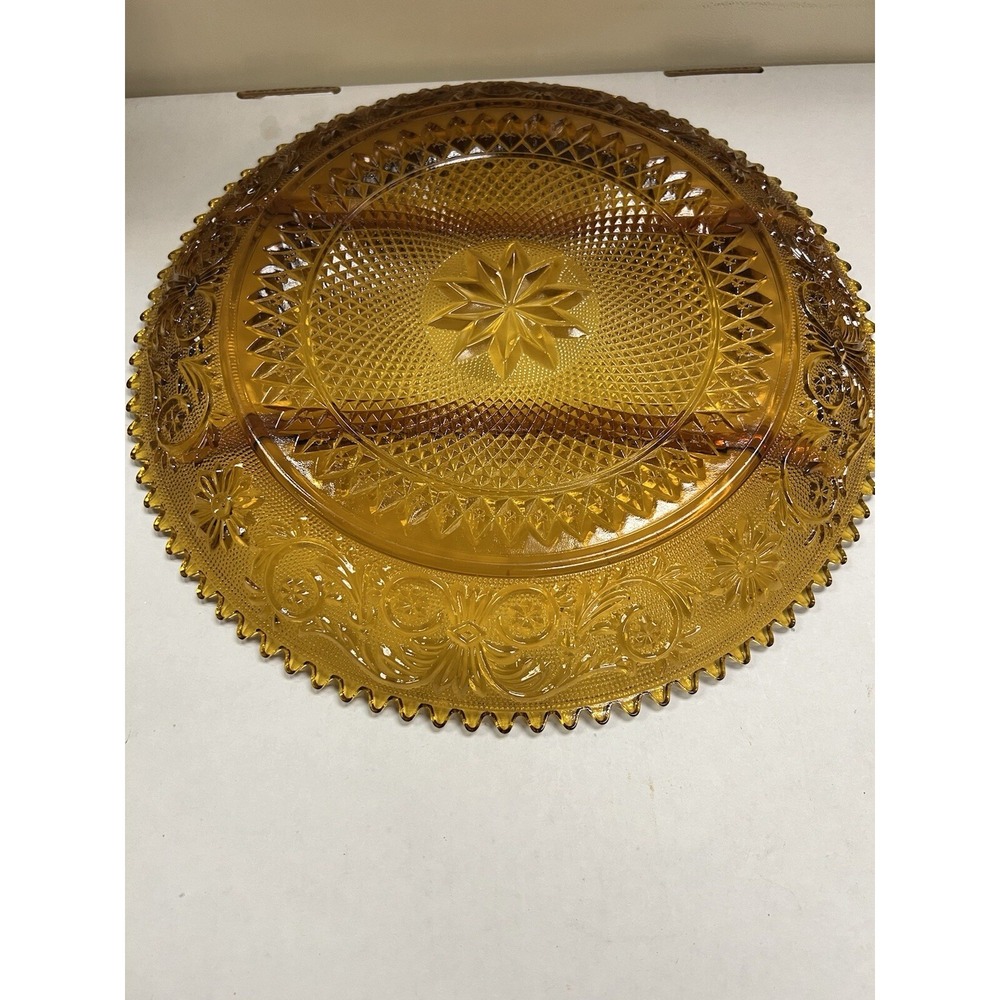 Vtg Tiara Indiana Sandwich Pattern Amber Round Divided Vegetable Platter (897) - Picture 4 of 10
